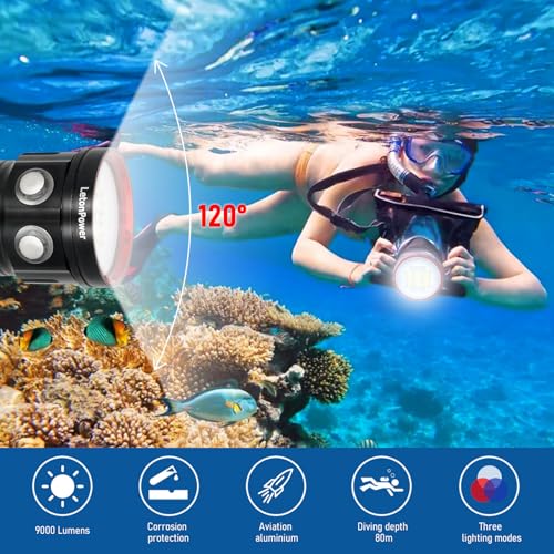 B24 Dive Light Underwater Flashlight 9000Lumens Underwater Video Lights 80m Scuba Dive Light Diving Flashlight for Under Water Sports,Underwater Video Shooting and Photography - color: Sealion B24