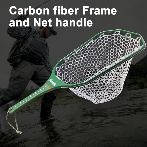Aventik Fly Floating Fishing Net Carbon Fiber Landing Trout Net Light Weight Clear Rubber Ghost Net Catch & Release - color: Stealth Boat Frame standard handle green magnet