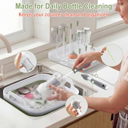 Collapsible Wash Basin for Baby Bottles with Drying Rack – 2.4 Gallon Foldable Dish Tub with Handles, Portable RV Camping Sink & Space-Saving Wash Bin with Lid for Kitchen, Travel & Outdoor, Green - color: Green