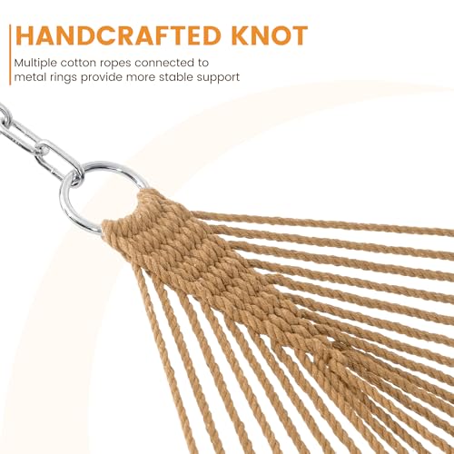 Lazy Daze Hammocks Double Rope Hammock, 2 Person Traditional Outdoor Hand Woven Cotton Rope Hammock with Spreader Bar, Carabiners, Tree Straps, Chains for Patio Yard - Max 450 Lbs, Tan - color: Tan