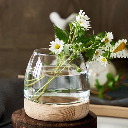 Glass Fish Bowl with Wooden Base - Clear Aquarium for Betta/Goldfish, Hydroponic Plant Vase Art Deco, Home Decor - size: 15cm