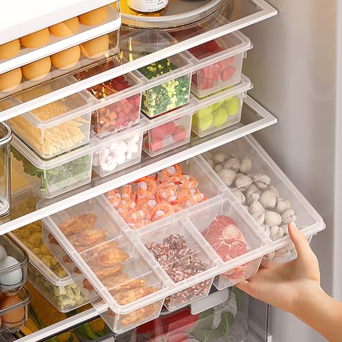 MANO 2 Pack Divided Veggie Tray with Lid - 5 Compartment Clear Snack Containers for Fridge, Stackable Produce Saver Storage for Fruits, Vegetables, Meat & Fish