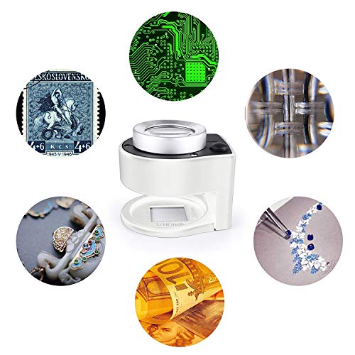 30X Loupe Magnifier with 6 Light,Desktop Portable Metal Magnifier Folding Scale Sewing Magnifing Glass for Textile Optical Jewelry Tool Coins Currency (White) - color: White