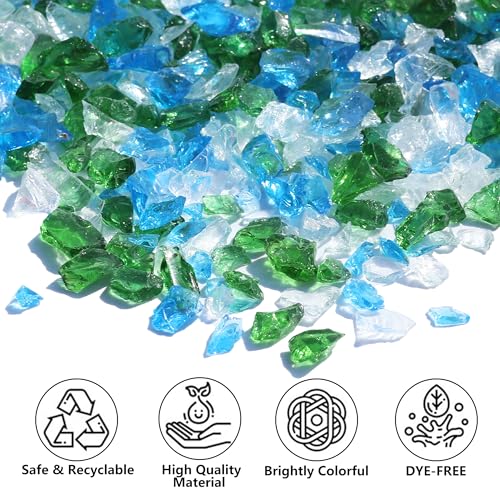 QYGL Crushed Glass for Resin Art, DIY Crafts, and Home Decor - 0.9LB Green Mix Broken Glass Pieces 3-6mm, for Vase Fillers, Tabletop Fire Pit, and Aquarium Rocks - color: Green, Aquamarine, White