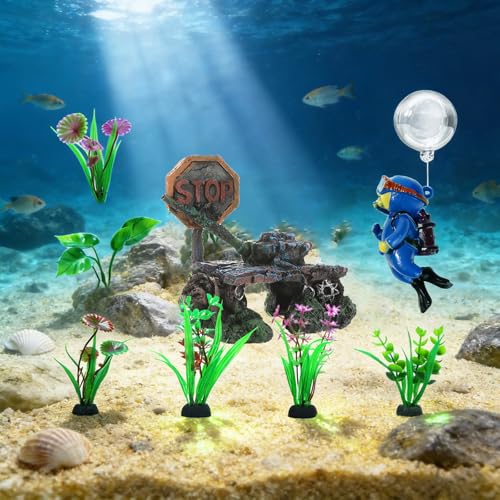 Fish Aquarium Decor Kit, Betta Hideout for Fish Tank - 6 Styles Options | Resin Sunken Tank Ornament, Betta Fish Hideout Cave, 6 Artificial Aquatic Plants, 40+ Seashells & 1 Floating Diver - color: Tank Wreckage