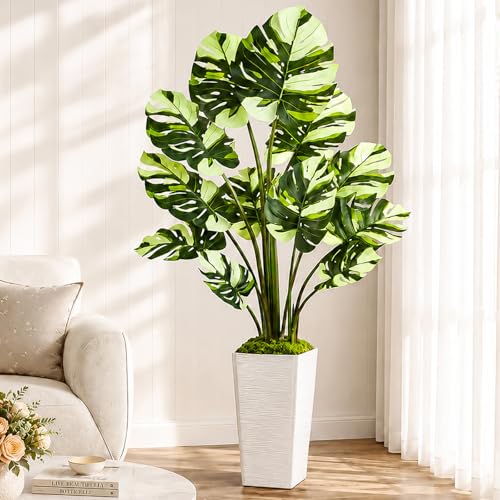 UPBUD Artificial Monstera Deliciosa Plant, 5FT Fake Tropical Monstera Tree with White Planter & 12 Lifelike Leaves, 60in Tall Faux Floor Plants Fake Trees for Indoor Office Home Living Room Decor - color: White Leaves White Planter