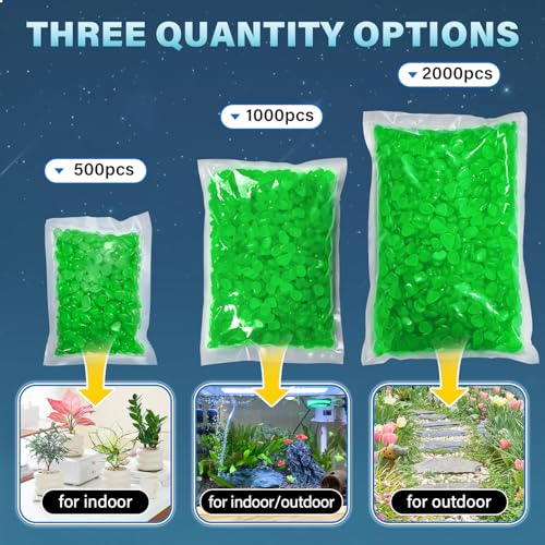 PoYang 1000pcs Glow in The Dark Rocks Outdoor - Green Resin Glowing Pebbles for Landscaping, Garden, Fish Tank and Aquarium Indoor Decor, Powered by Sunlight or Lamplight (0.4"-0.7"/pc, 1.2lbs/Bag) - color: Green