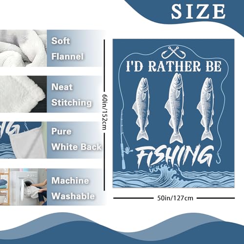 Fishing Gifts for Men Flannel Throw Blanket, I'd Rather Be Fishing Present for Fisherman Hunter Dad Husband, Funny Birthday Ideas, Lake House Soft Bedding Sofa Blankets 50"x60"