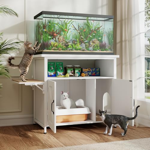 Verano Garden 40-50 Gallon Fish Tank Stand with Hidden Cat Litter Box Enclosure Furniture, Cat Viewing Aquarium Stand with Storage Shelf & Side Cat Perch, 36.2"x20.5" Tabletop, 660 LBS Capacity - color: White