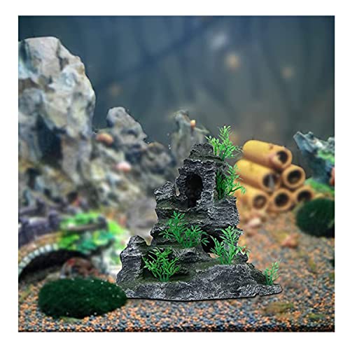 AnRui Aquarium Mountain View Rock Landscaping Decorations Fish Tank Resin Rock Hiding Cave Ornaments with Small Plant - size: 11.5"x 6"x 10.6"