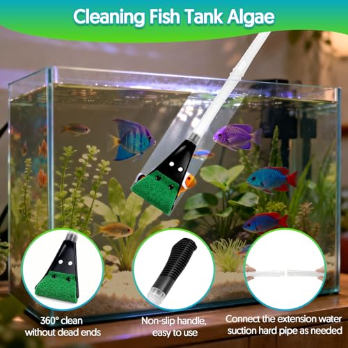 Fish Tank Cleaner Gravel Vacuum for Aquarium Water Changer Aquarium Siphon with Double Sided Sponge Brush Algae Scraper Fish Tank Cleaning Kit for Cleaning Gravel & Sand (Black) - color: Black