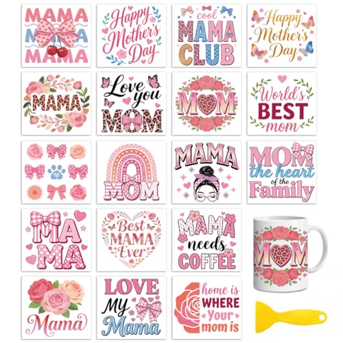 Peacoblue 18 Sheets Rub on Transfers for Crafts, Mother's Day Text 3.6"x3.9" UV DTF Cup Wraps Waterproof Cold Transfers Stickers for Wood Glass Metal Cup Tumblers Mirrors Mugs Home Decor - style: Mother's Day Text