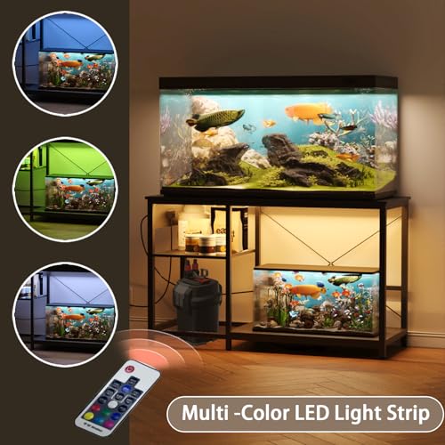 Beuruku 55-75 Gallon Fish Tank Stand with Power Outlet & LED Light, Metal Aquarium Stand with 3 Tier Adjustable Storage Shelves, for Reptile & Turtle Tank, 52" L*19.5" W, Black - color: Black, size: 55-75 Gallon