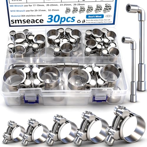 smseace 30Pcs 17-35mm T-bolt Hose Clamps 304 Stainless Steel 6-sizes Heavy Duty T bolt Hose Clamps with M8 and M10 Socket Wrenches - size: 17-35mm