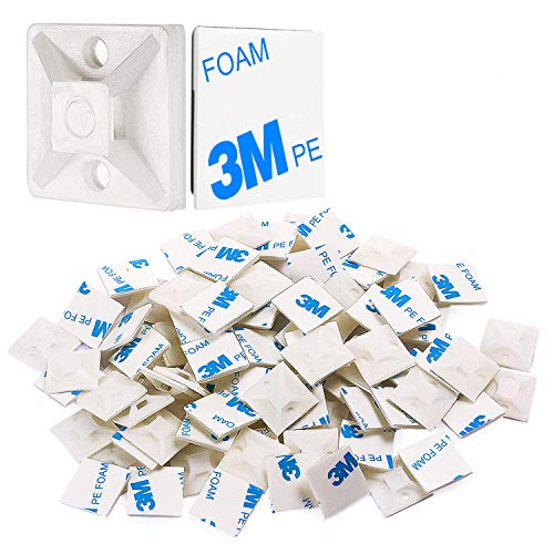 XHF 500 PCS 3/4" White Self Adhesive Cable Zip Tie Mounts Wire Cable Clips Holders Management Anchors Organizer Holders Squares(HS-101S) - color: White, size: 3/4"-500pcs