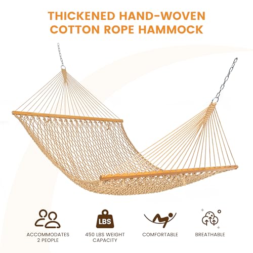 Lazy Daze Hammocks Double Rope Hammock, 2 Person Traditional Outdoor Hand Woven Cotton Rope Hammock with Spreader Bar, Carabiners, Tree Straps, Chains for Patio Yard - Max 450 Lbs, Tan - color: Tan