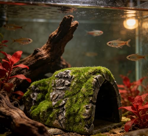 M2cbridge Aquarium Decorations Fish Hideout House Betta Cave with Green Lifelike Moss (Betta Rock Cave) - style: Betta Rock Cave