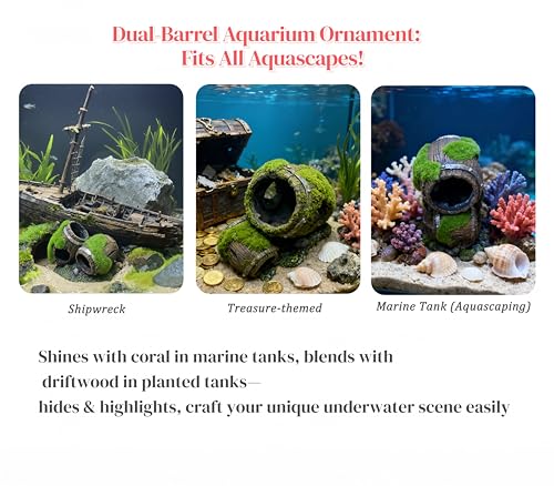 Moss-Covered Twin Broken Barrels Aquarium Decor – Resin Fish Tank Hideout with Artificial Moss for Betta, Shrimp & Small Fish