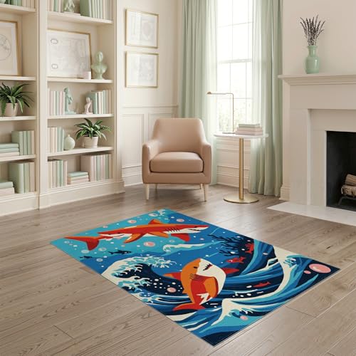 4'x6' Washable Flatwoven Rug, Red Kawaii Wave Easy Care Throw Carpet for Dorm Room, Small Living Room, Apartment, Stain Resistant Low Profile Floor Covering | Ref:2070034 - color: Blue/Pattern 11, size: 4' x 6' (Rectangular)