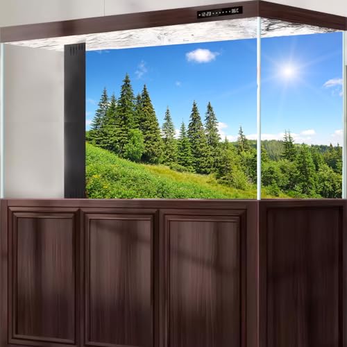 High mountains Aquarium Background Evergreen Spruce Forest Pine Trees Fish Tank Background Scenic Sunrise Summer Mountain Slope Terrarium Backgrounds Green Meadow Reptile Tank Backgrounds 24x12in - color: Blue_Pure Green, size: 24(W)x12(H)in