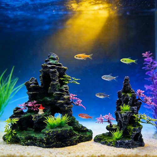 Small and Medium-Sized Aquarium Mountain Landscape Stone Decoration, Resin Rock Water Scenery cave Plant Decoration Fish Tank Accessories Beta Hidden cave Rockery Landscape -7.9 inches high