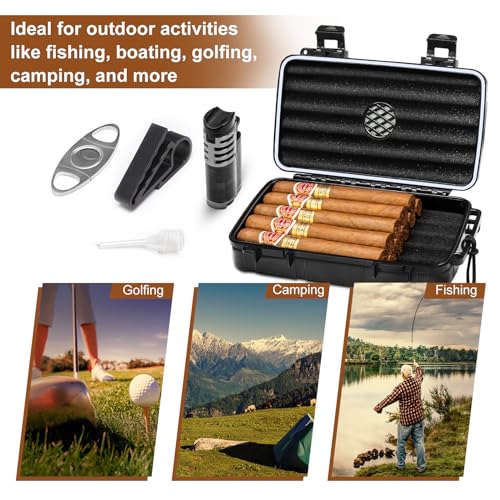 Flauno Travel Cigar Humidor Case - Portable Humidor Kit with Lighter (Without Gas), Cutter, Holder, Humidifier & Dropper, Waterproof, Crushproof, Airtight Seal (Holds up to 10 Cigars) - size: Holds up to 10 Cigars with Cigar Lighter