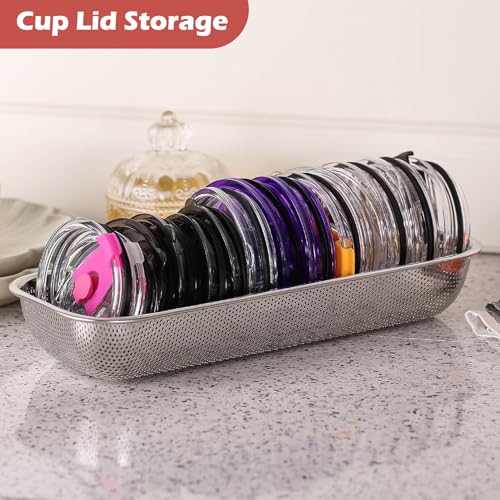 2Pack Stainless Steel Tumbler Cup Lid Organizer Inside Cabinet, Mason Jar Lid Holder, Rectangular Basket for Storage of Silverware, Chopsticks, straws and Utensils - style: SilverIndustrial-2pack