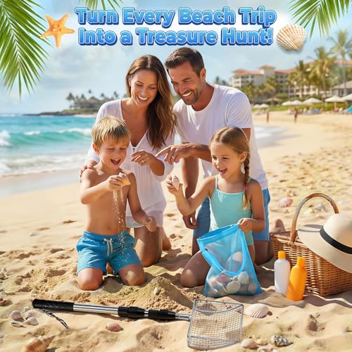RGQSUN Shark Tooth Sifter with Seashell Bag, Beach Sand Sifter Set with Extendable Handles for Shell Collecting, Sea Glass, Shark Teeth and Small Beach Finds - color: Blue (1 Set)