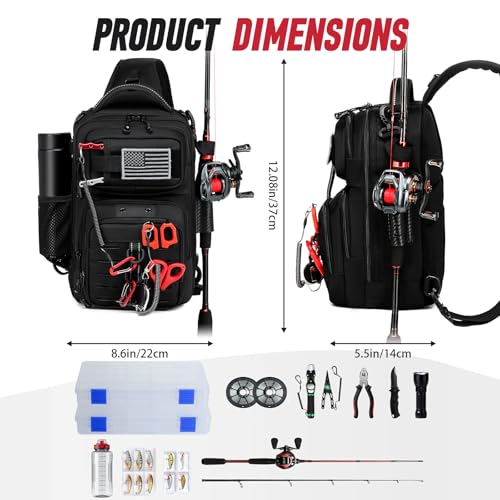 Fishing Sling Bag, Fishing Bag With Rod Holder Fixed Stickers, MOLLE System, Soft Bait & Gear Storage, Gift for Men Black - color: Black
