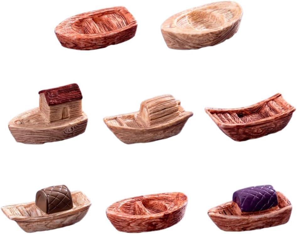 8 Pcs Miniature Resin Boat Ornaments – Wooden Ship Figurines for Fairy Garden, Aquarium & Fish Tank Decor, Dollhouse Accessories, Micro Ocean Landscape & Home Nautical Decoration