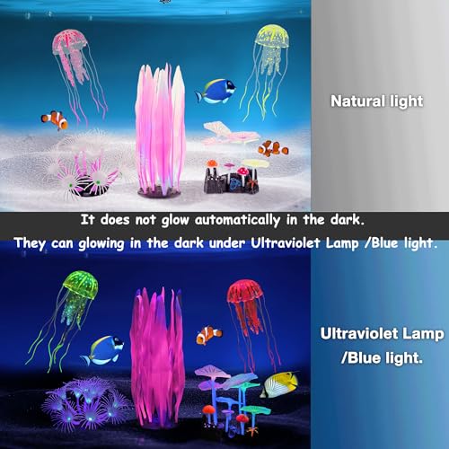 Lpraer 5 Pack Glow Aquarium Decorations Kelp Coral Mushroom Sun Flower Jellyfish Simulation Glow Plant Glowing Effect Silicone for Fish Tank Decorations - color: 5 Pcs(kelp+mushrooms+sun Flower+2x Jellyfish)