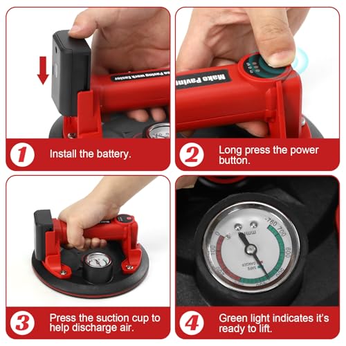 DEWINNER 8" Electric Vacuum Suction Cup with Pressure Gauge,Heavy Duty Glass Lifter,Industrial Strength Suction Cup,Auto Start Pump for Glass,Granite,Tile,Metal,300KG/660LBS Load Capacity - color: Red2 with 2 batteries