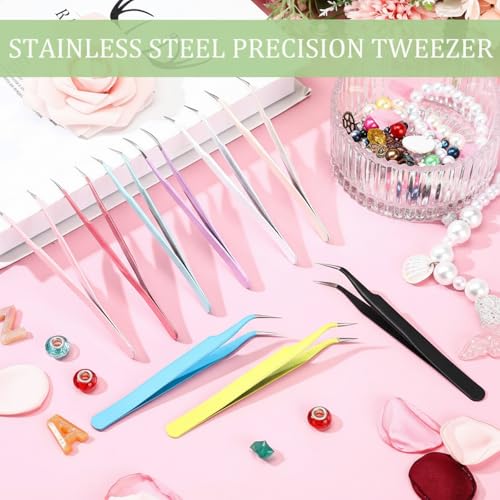 Honoson 9 Pieces Precision Curved Pointed Craft Tweezers Stainless Steel Tweezer with Protective Cover for Rhinestones Dried Flowers Craft Stickers Eyelash Extension Jewelry Making (Multicolor) - color: Multicolor