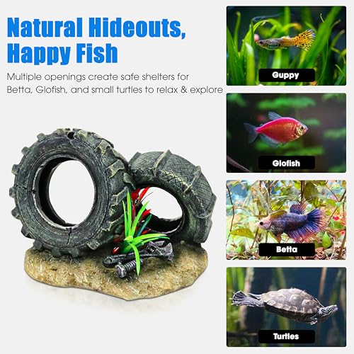 Aquarium Resin Decorations, Tree House Ornament-Tire Scene, Aquarium Decor for Glofish, Betta Accessories, Turtle Hideouts, Aquarium Plants, Ornaments & Fish Tank Accessories (Tire landscape) - color: Tire Landscape