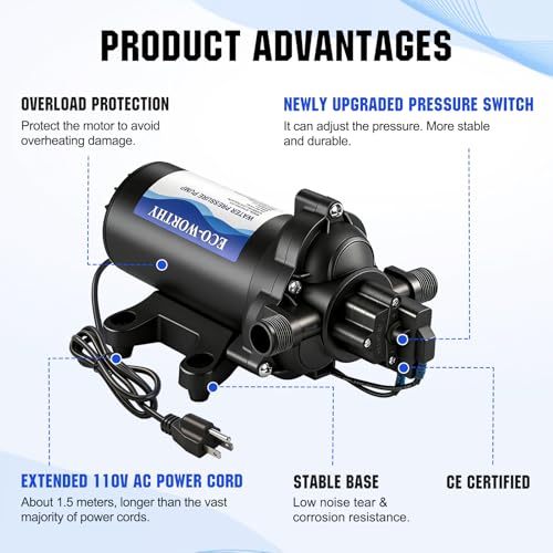 ECO-WORTHY 33-Series Industrial Water Pressure Pump 110V AC 4.0GPM 50PSI RV Fresh Water Diaphragm Pump include Garden Hose Adapters for Irrigation Marine Boat Sprinkler Faucet - size: 4.0GPM-50PSI-110V-Garden Hose Adapters