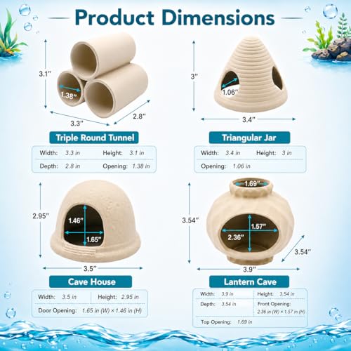 4PCS Betta Fish Tank Accessories, Fish Aquarium Decoration Hideout Caves for Fish Shrimp Crab to Breed, Rest and Play, No Paint, Natural Ceramics Triple Tunnel, Triangle Jar, Lantern & Cave House