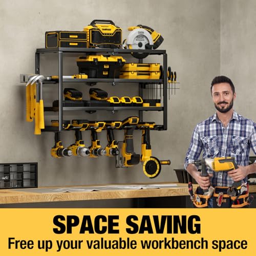 YYR 4 Layer Power Tool Organizer Wall Mount, Cordless Drill Hanger Storage Rack, Battery Tools Holder with Charging Station Shelf for Garage Organization, Workshop, Pegboard, Shed - 24 Inch 6 Slots - size: 24 Inch 6 Drills Holder