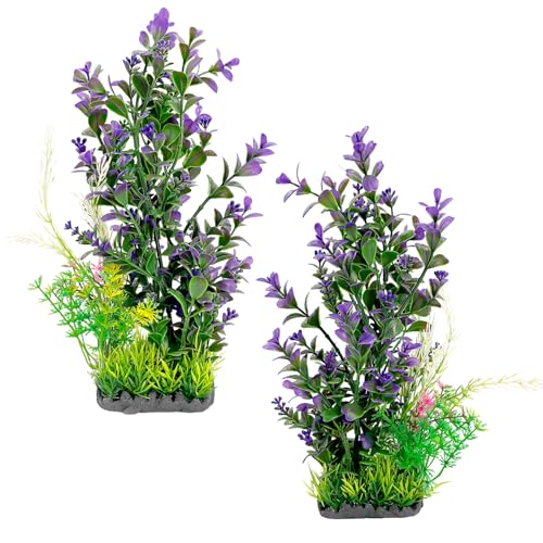 Aquarium Plants 2-Pack, 11.8in Artificial Plastic Fish Tank Decor, Moderate Size Aquarium Decorations, Safe Green Fish Tank Plants for Freshwater Tanks (Purple & Green Mix) - color: Purple & Green Mix