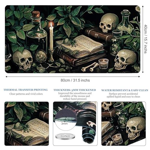 Gothic Botanical Desk Pad, Library Skull Large Gaming Mouse Pad, XXL Desk Mat Anti-Slip Waterproof Big Mousepad with Stitched Edges, Keyboard Mouse Mat for PC, Laptop, Work, Office, Home - color: Gothic Dark Lab Botanical, size: 31.5" x 15.7"