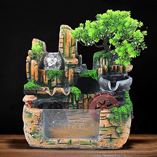 Tabletop Fountain, Indoor Relaxation Desktop Fountain Waterfall,with Rockery,Aquariums,Plant,Atomizing Humidifier, Zen Meditation Rockery Crafts Indoor Waterfall Bonsai Home Decor Office Bedroom (A)