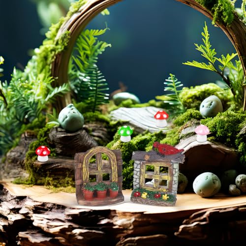 Veemoon 4 Pcs Fairy Garden Accessories Windows and Door Set, Synthetic Resin 2.36x1.97x0.79 Inch Aquarium Decor, Fish Tank Micro Landscape Flower Pot Home Office