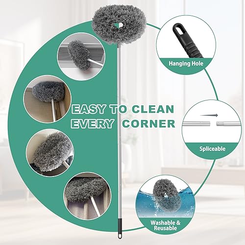 Ceiling Fan Cleaner Duster Reusable Microfiber Ceiling Fan Blade Cleaner Removable Duster with Extension Pole Adjusts 13 to 49.7 Inch for Cleaning Walls Bookshelves Furniture Door Window Top (Gray) - color: Gray
