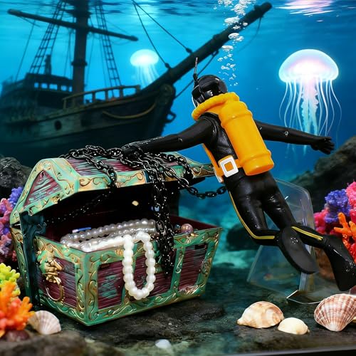 Resin Live-Action Aerating Aquarium Ornament, Undersea Treasure Chest with Diver, Air Bubbler Fish Tank Decor for Freshwater Saltwater Aquascape & Aquatic Pet Hideout