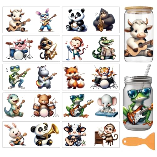arricraft 10 Sheets Punk Rock Animals UV DTF Cup Wrap for 16OZ Glass, Musical Instrument Rub on Decals PVC Transfer Stickers for DIY Cups Wood Funiture 24x11cm/9.4x4.3inch - style: Punk Rock Animals Theme
