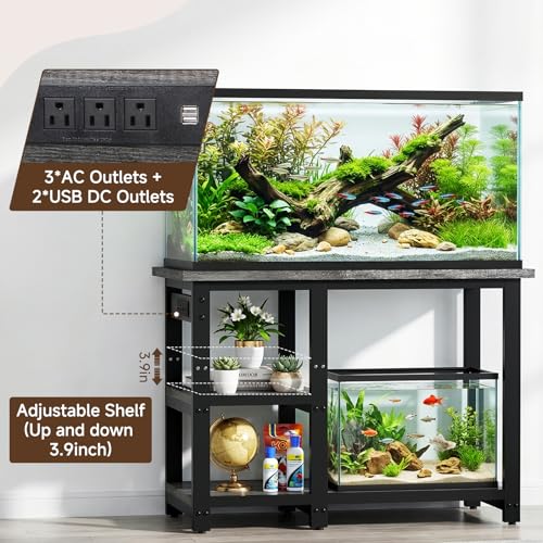 AQQA 35-40 Gallon Fish Tank Stand with 5 in 1 Power Outlets, 31x18 Inch Heavy Duty Metal Frame Aquarium Stand, Adjustable Storage Shelves, 620LBS Capacity Terrarium Stand, 3 Tiers Reptile Tank Stand
