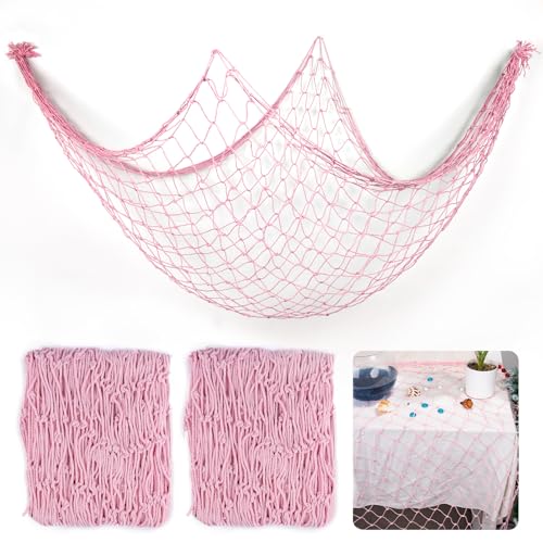 2 Pcs Fish Net Decorations, 39x78 Inch Cotton Nautical Themed Fishing Net, Wall Hanging Photo Display Fishnet for Coastal Bedroom Bathroom, Pirate Hawaiian Beach Under The Sea Party Decor, Light Pink - color: Light Pink