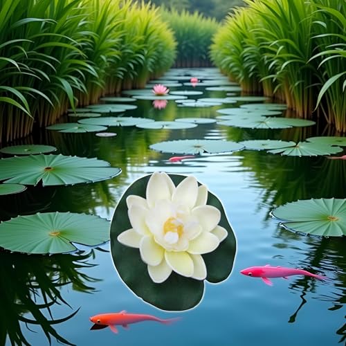 2Pcs Artificial Floating Foam Lotus Flowers White with Water Lily Pad Ornaments,for Patio Koi Pond Pool Aquarium Home Garden Wedding Party Holiday Decoration Water Gardens and Ponds