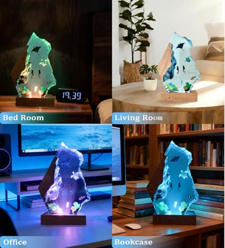 Handmade 3D Ocean Resin Lamp-Handcrafted Diving Night Light,Multiple Adjustable LED Light Sources Wooden Base with USB Port,Birthday Gift for Boyfriend Girlfriend Men Dad Divers(Devilfish,6"x4") - style: Devilfish&Sea Turtle