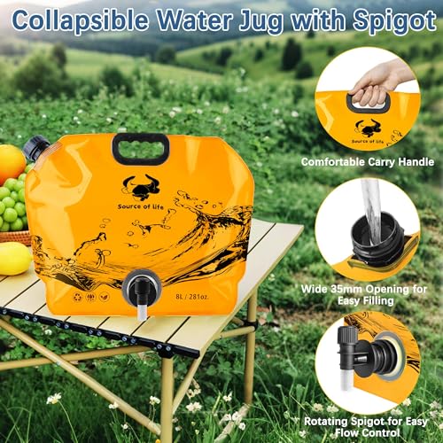 Water Jug Camping 2.1 Gallon Collapsible with Spigot, BPA Free Portable Water Pouch Foldable Water Bags for Outdoor Hiking, Travel and Emergency & Water Storage Containers (Orange-3Pcs) - color: Orange-3Pcs