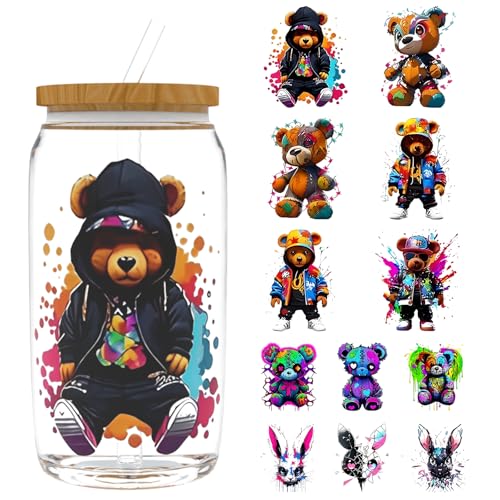 UV DTF Cup Wrap for 16oz Glass, 12 Sheets Street Style Bear Transfer Stickers, Rub on Transfers for Cup Tumbler - style: Street Style Bear